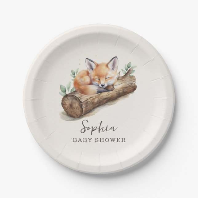 Beige-Wald-Fuchs-Baby-Shower-Papierteller Pappteller (Vorderseite)