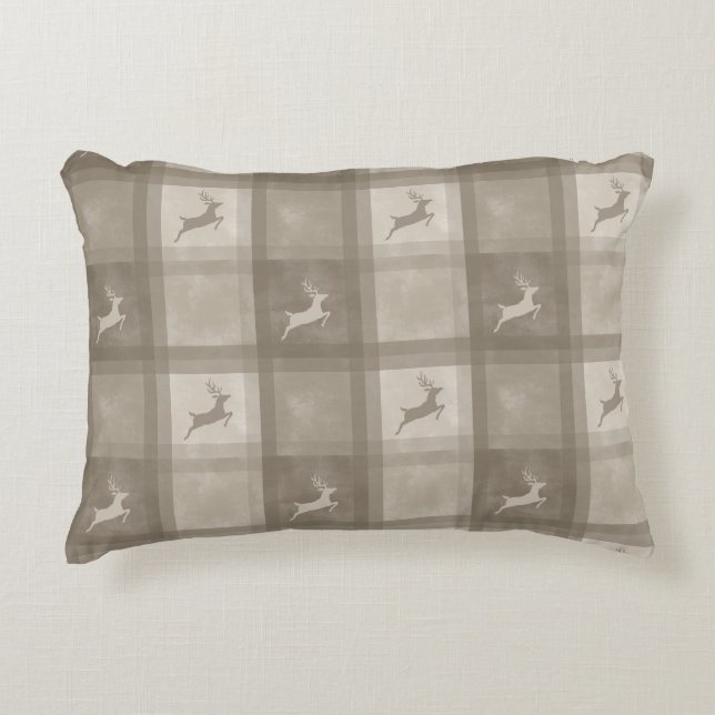 Beige Watercolor Plaid With Deer Christmas Dekokissen (Vorderseite)