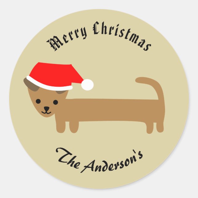 Beige Weihnachts-Dackel Hund Frohe Weihnachten Runder Aufkleber (Vorderseite)