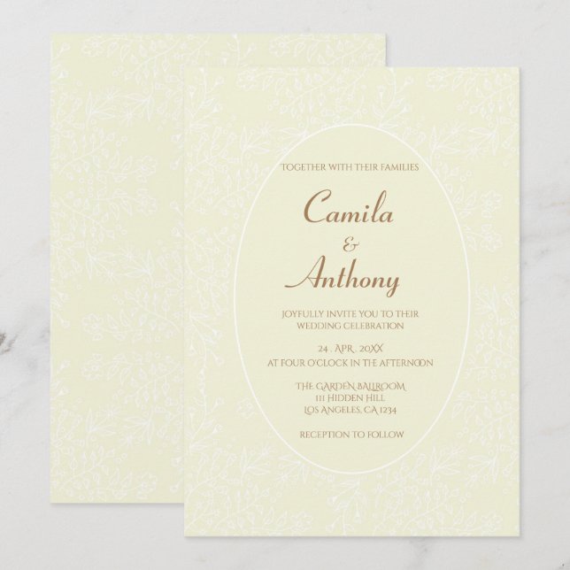 Beige weiße Blumenmuster Oval Border Wedding Einladung (Vorne/Hinten)