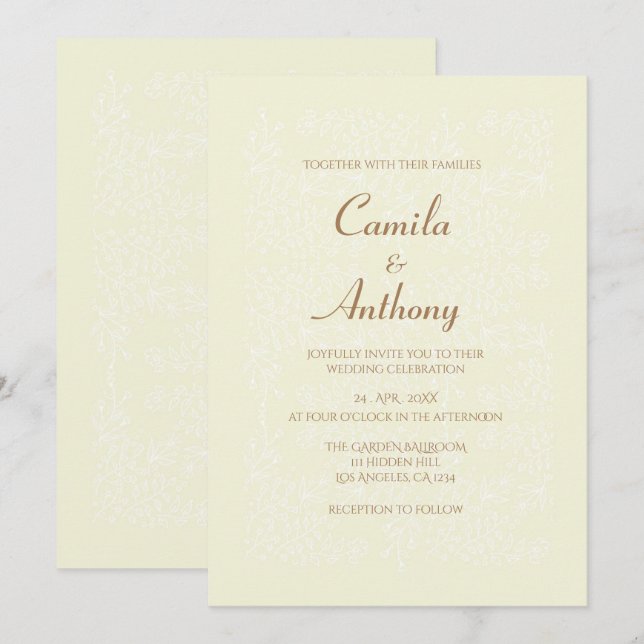 Beige weiße Blumenmuster Print Border Wedding Einladung (Vorne/Hinten)