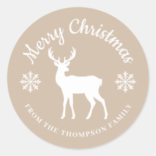 Beige-weiße Hirsche und Schneeflocken Weihnachten Runder Aufkleber