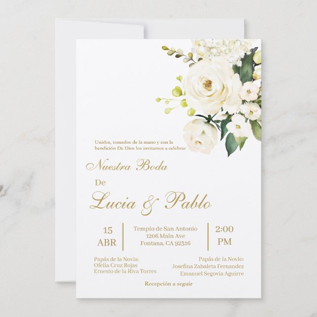 Beige weiße Rosenhochzeit Einladung auf Spanisch (Vorderseite)