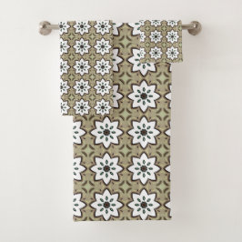 Beige, weiße und schwarze geometrische Mandala Badhandtuch Set