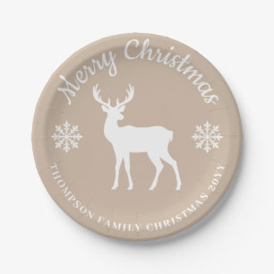 Beige weißer Hirsch und Schneeflocken Weihnachtsfe Pappteller