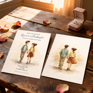 Beige Whimsical Watercolor Romantisches Paar Hochz Einladung