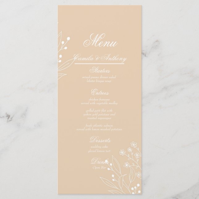 Beige White Corner Floral Boho Wedding Menükarte (Vorderseite)