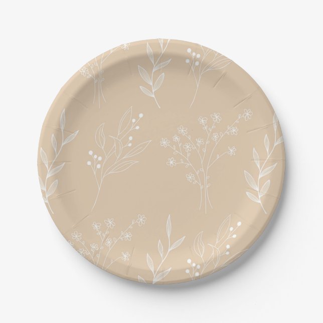 Beige White Corner Floral Boho Wedding Pappteller (Vorderseite)
