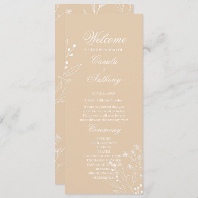 Beige White Corner Floral Boho Wedding Programm (Vorne/Hinten)