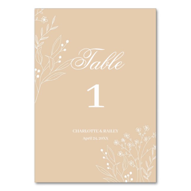 Beige White Corner Floral Boho Wedding Tischnummer (Vorderseite)