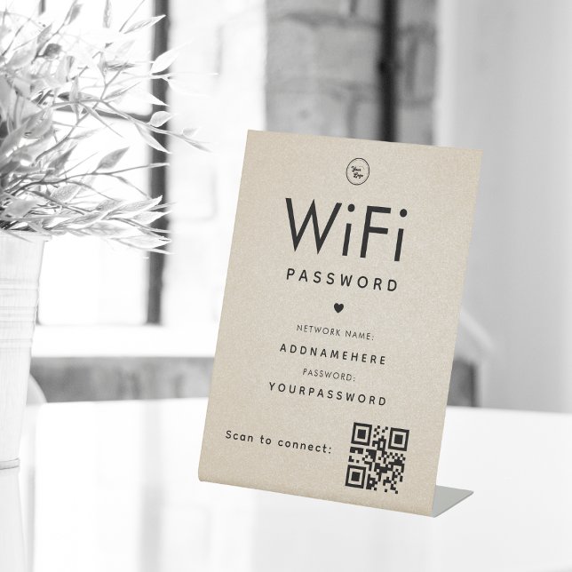 Beige WiFi Password Code Business Logo QR Code Sockelschild (Von Creator hochgeladen)