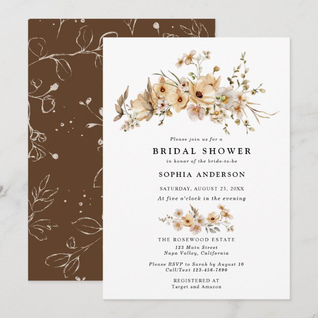 Beige Wild Flowers Bridal Shower Einladung (Vorne/Hinten)