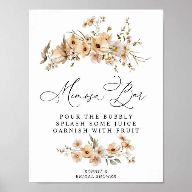 Beige Wild Flowers Bridal Shower Mimosa Bar Poster (Vorne)