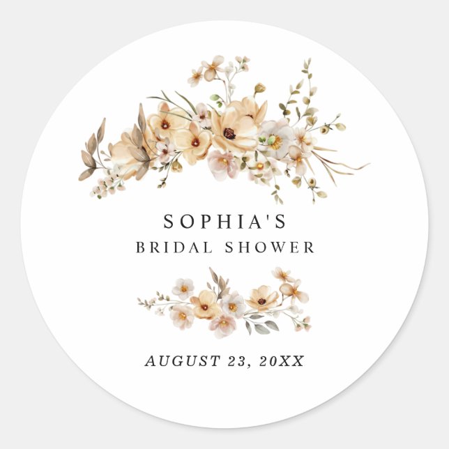 Beige Wild Flowers Bridal Shower Runder Aufkleber (Vorderseite)