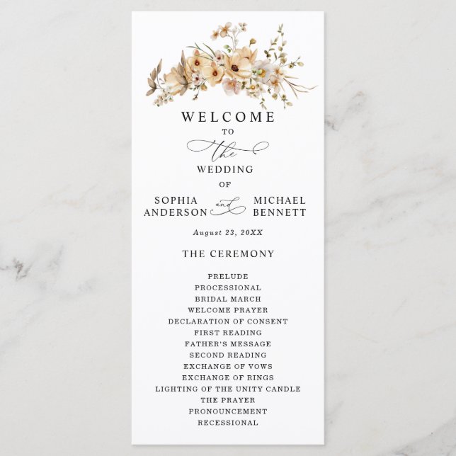 Beige Wild Flowers Wedding Programm (Vorderseite)
