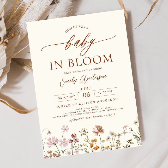 Beige Wildblume Baby in Bloom Baby Dusche Einladung (Von Creator hochgeladen)