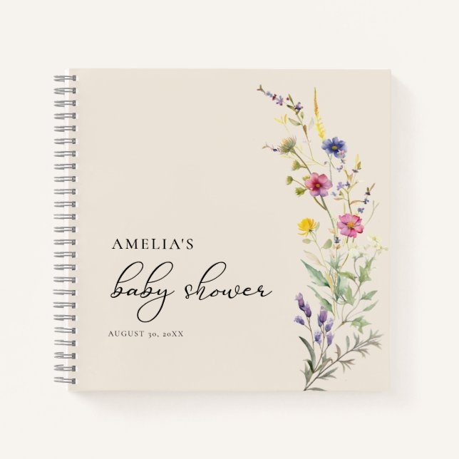 Beige Wildblume Floral Baby Showbook Notizbuch (Vorderseite)