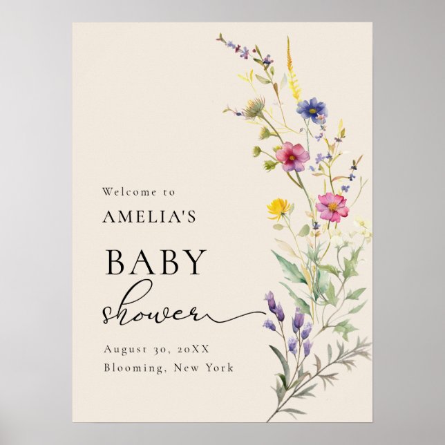 Beige Wildblume Frühblütendusche Begrüßung Poster (Vorne)