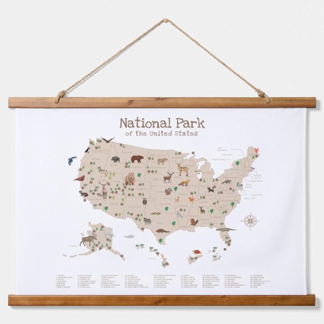 Beige Woodland National Parks Map Kinderzimmer Dek Wandteppich Mit Holzrahmen (Vorne)
