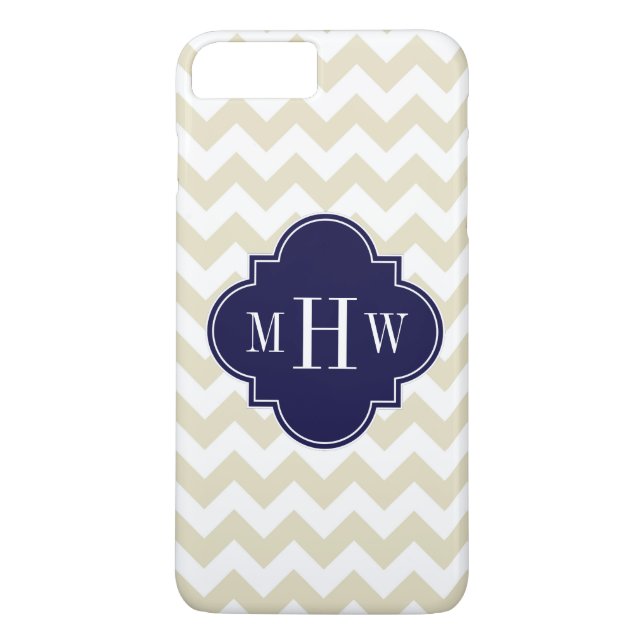 Beige Zickzack Navy Quatrefolie 3 Monogramm Case-Mate iPhone Hülle (Rückseite)