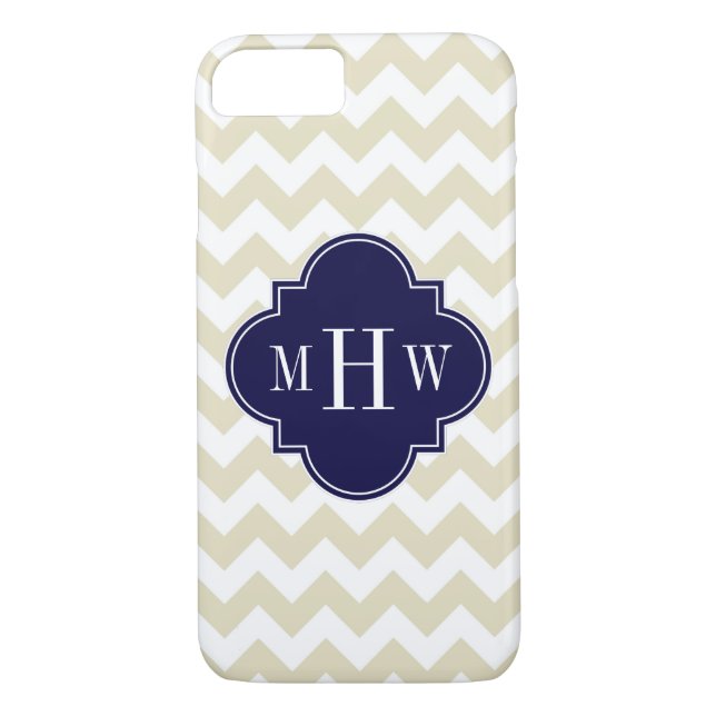 Beige Zickzack Navy Quatrefolie 3 Monogramm Case-Mate iPhone Hülle (Rückseite)
