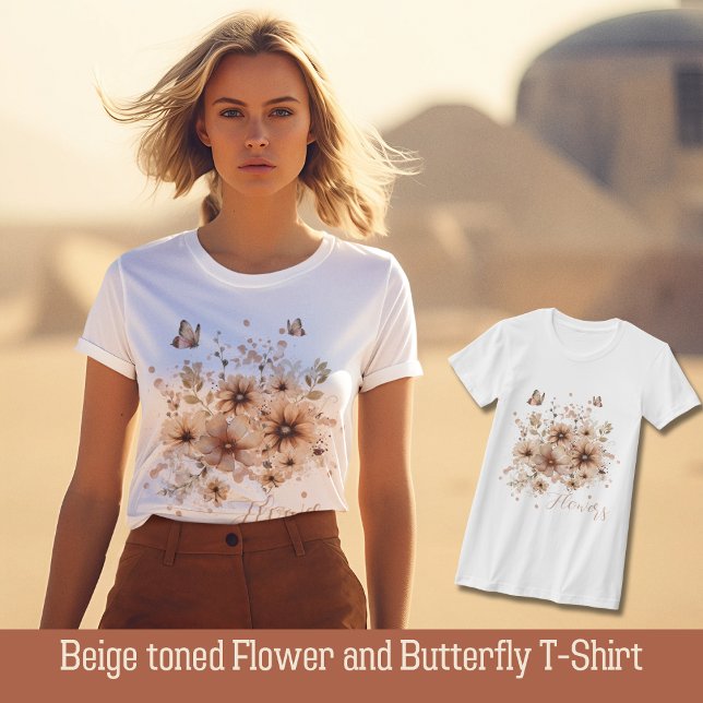 Beigefarbene Blume und Schmetterling-T - Shirt (Von Creator hochgeladen)