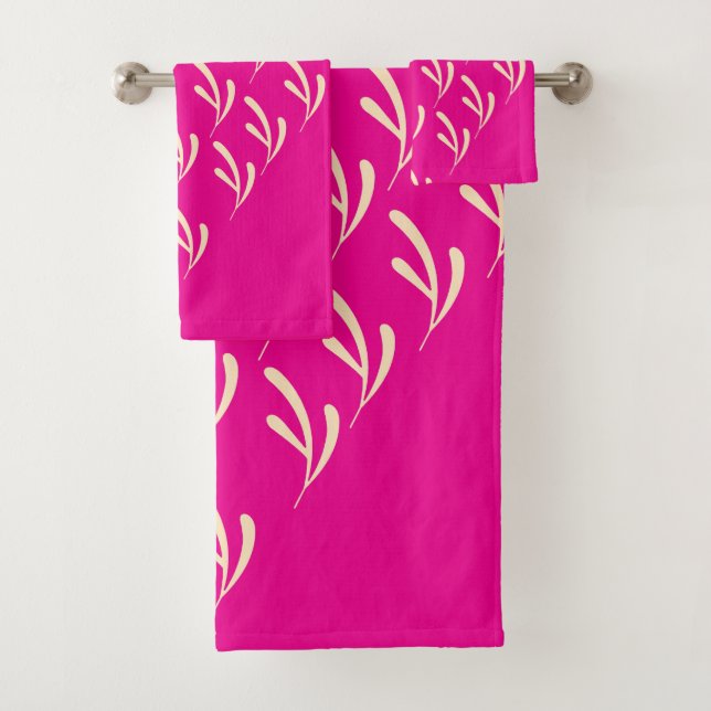 Beigefarbenes Leaf Wiederholung scharf rosa Badhandtuch Set (Insitu)