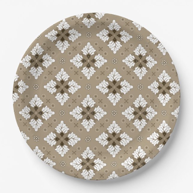 Beiger ethnischer Damast Batik nahtloses Muster Pappteller (Vorderseite)