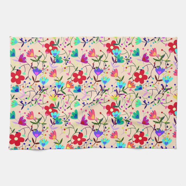 Beiger Hintergrund Bunter Blumenmuster Geschirrtuch (Horizontal)
