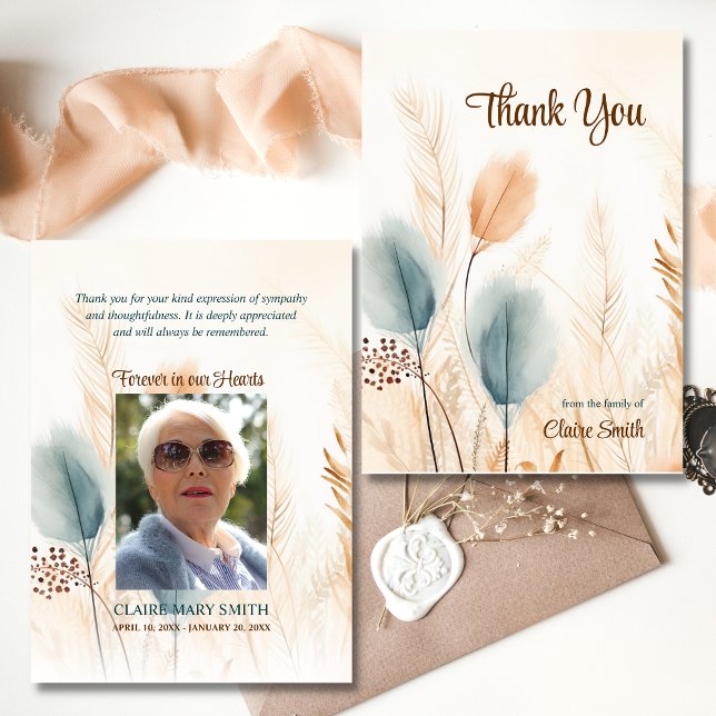 Beileid Beerdigung Pampas Grass Beige Blue FOTO Karte (Sympathy Funeral Pampas Grass Beige Blue PHOTO Thank You Card)
