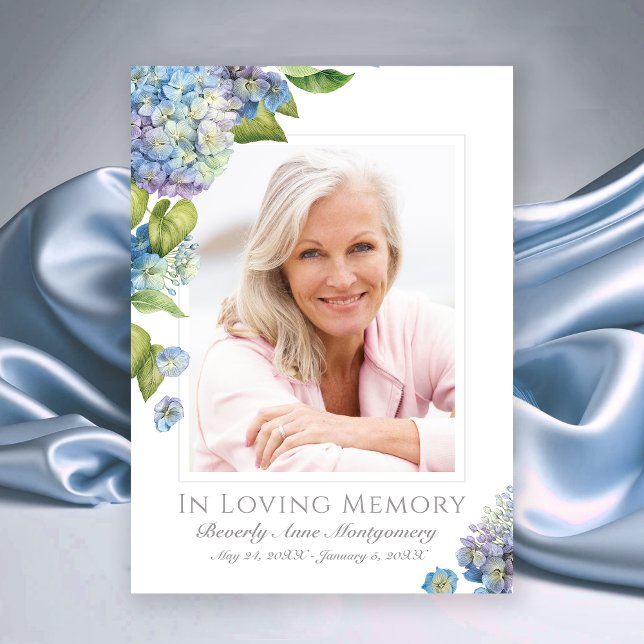 Beileid Blue Hydrangea Floral Foto Beerdigung Dankeskarte (Elegant Blue Lavender Hydrangea Floral Photo Funeral Thank You card)