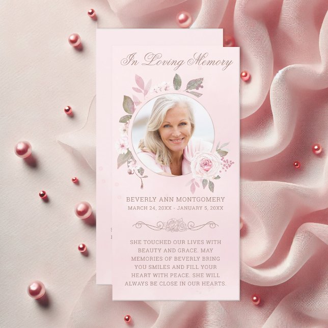 Beileid Blush Rose Foto Beerdigung Gebet (Elegant In Loving Memory Pink Rose Watercolor Floral Photo Funeral Card)