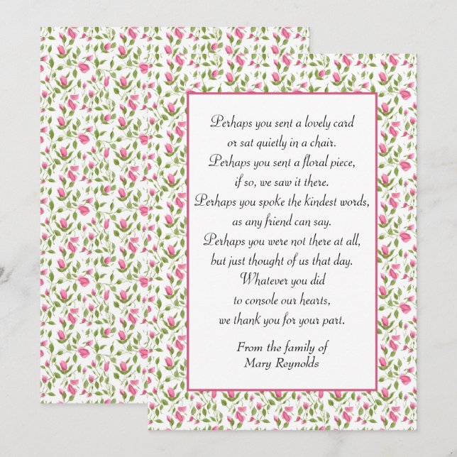 Beileid Danke, Pink Roses Karte (Vorne/Hinten)