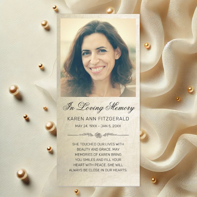 Beileid Foto Elegantes Script Gold Beerdigungskart (Chic Gold Shimmer Photo Funeral Card)