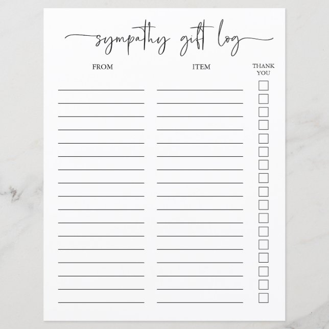 Beileid Geschenkprotokoll und Vielen Dank Tracker (Vorderseite)