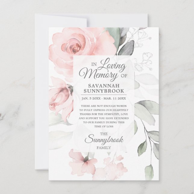 Beileid Liebe Erinnerung Rosa Rose Floral DANK Dankeskarte (Vorderseite)