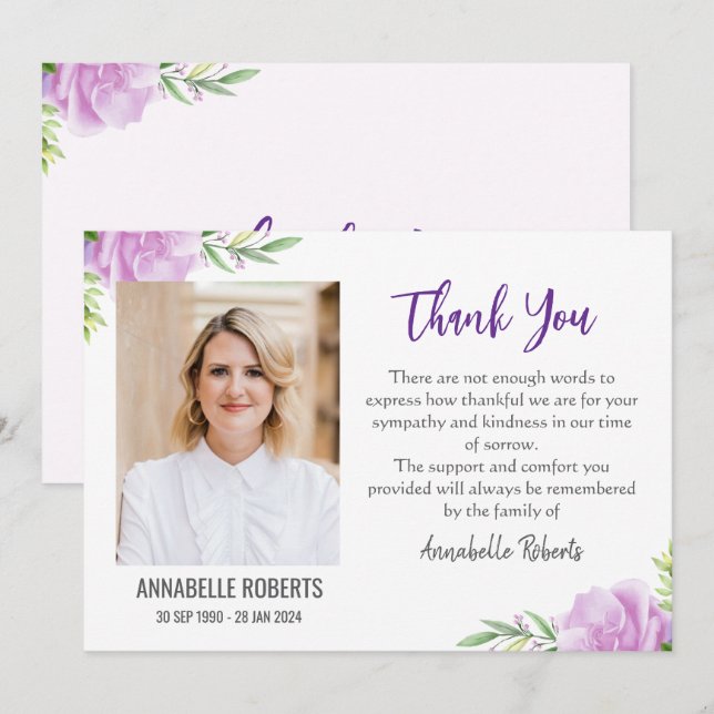 Beileid Lila und rosa Blume Foto Beerdigung Dankeskarte (Vorne/Hinten)