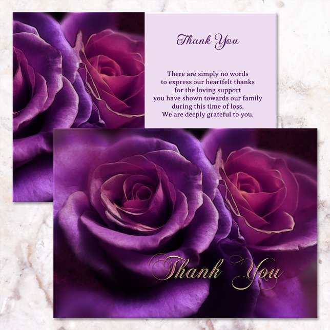 Beileid-Memorial für lila Rose Dankeskarte (Sympathy Thank You card featuring an elegant purple rose with an optional gold Thank You script text)