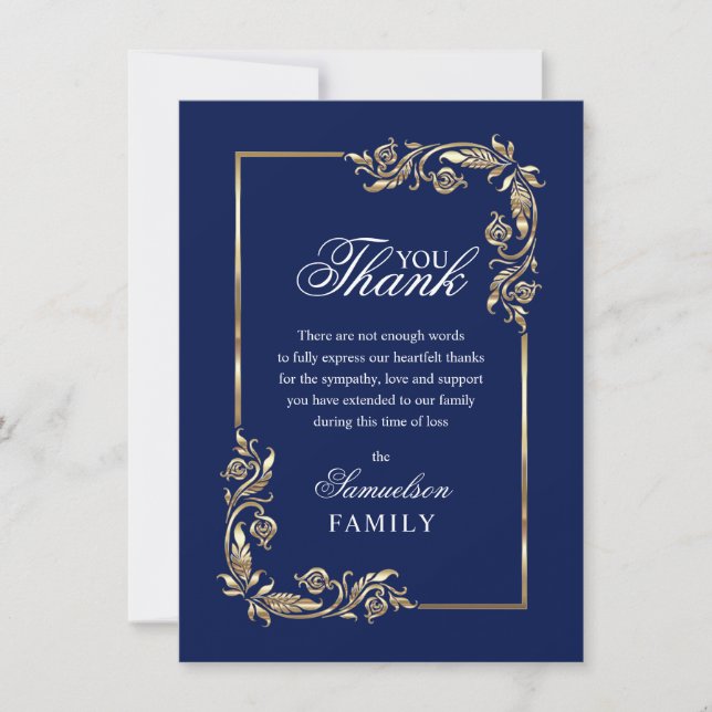 Beileid Memorial Navy Blue Gold Vielen Dank Dankeskarte (Vorderseite)