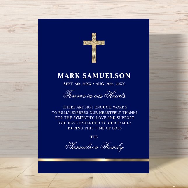 Beileid Memorial Religious Cross Navy Gold Dankeskarte (Sympathy Memorial Religious Cross Navy Gold Thank You Card)