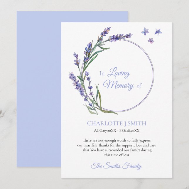 Beileid Memory Lavender Blume Vielen Dank Einladung (Vorne/Hinten)