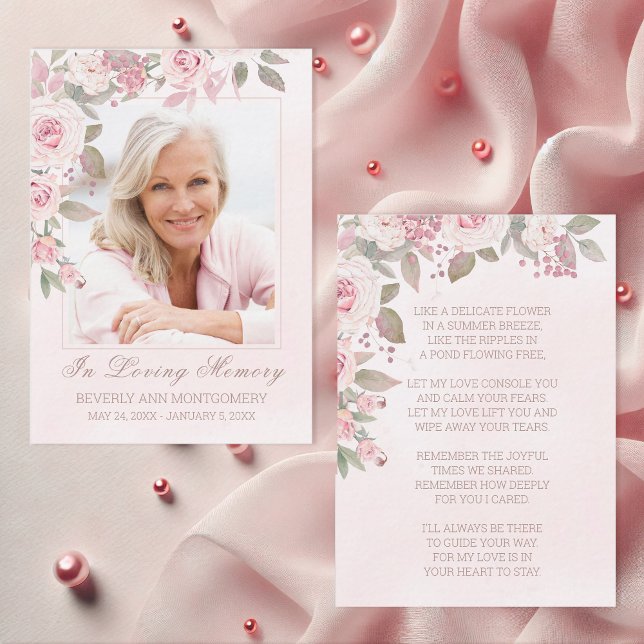 Beileid Pink Blumenbeerdigung Gedenkkarte für das  Visitenkarte (In Loving Memory Pink Rose Floral Photo Funeral Card with poem
)