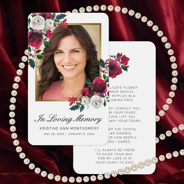 Beileid Rote Rose Black Script Foto Praetkarte (Red Rose Floral Memorial Card with a photo and also a poem on the back)