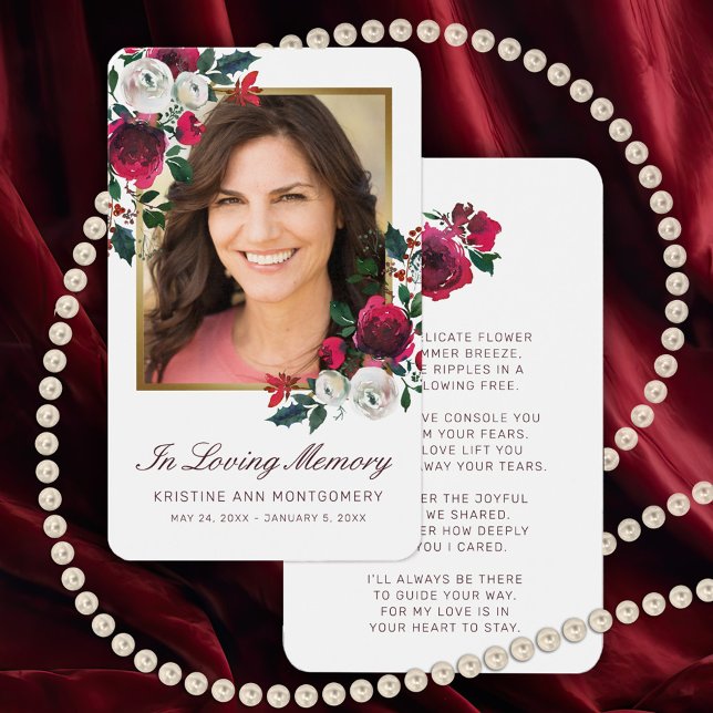 Beileid Rote Rose Floral Gold Foto Gebetskarte (Elegant Red Rose memorial Photo card with a poem or prayer on the back.)
