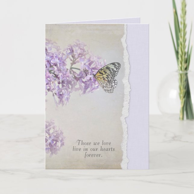 Beileid-Schmetterling auf Lilac mit gerissener Kan Karte (Vorderseite)