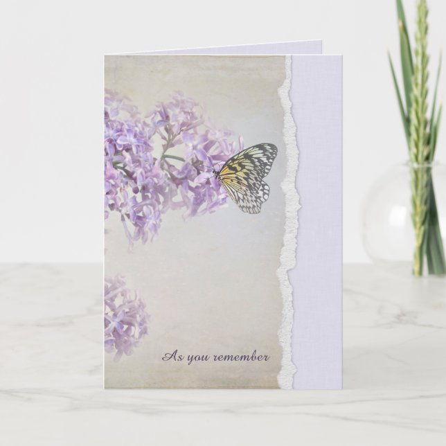 Beileid-Schmetterling auf Lilac mit gerissener Kan Karte (Vorderseite)