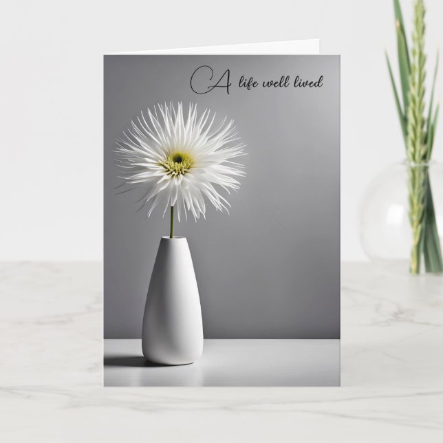 Beileid White Dahlia Blume in Vase Karte (Vorderseite)