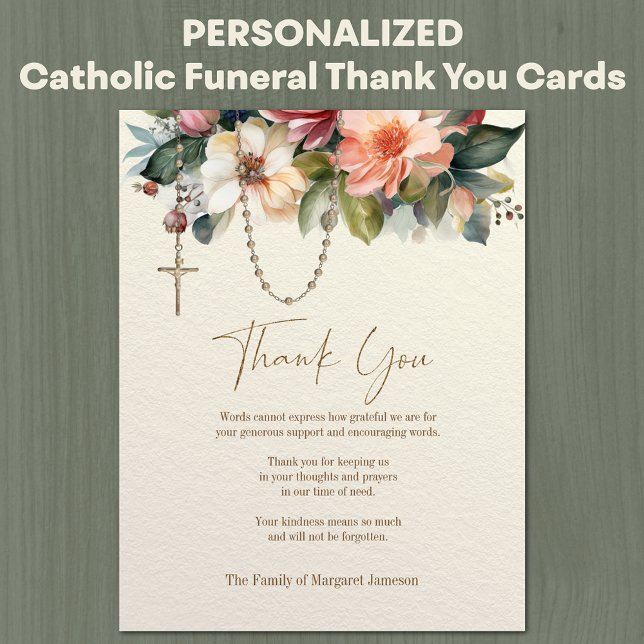 Beileid zur Beerdigung von Rosenkranzen Dankeskarte (Traditional Catholic Funeral Memorial Thank You Cards with Rosary & Floral Swag)