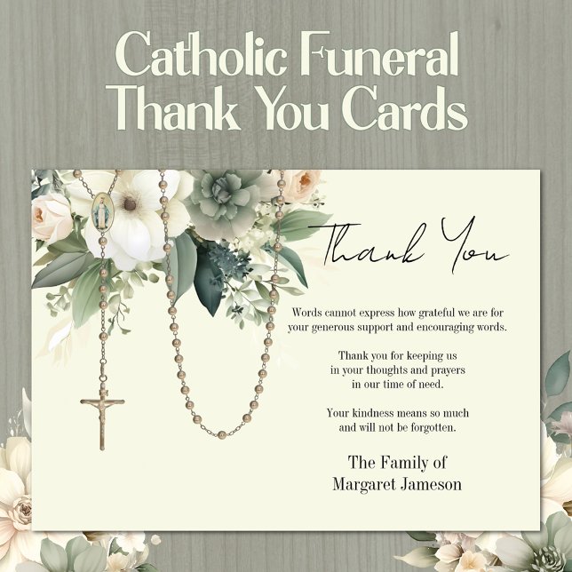 Beileid zur Beerdigung von Rosenkranzen Dankeskarte (Traditional Catholic Funeral Memorial Thank You Cards)