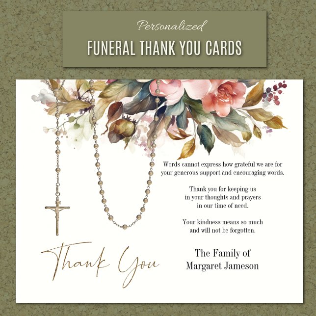 Beileid zur Beerdigung von Rosenkranzen Dankeskarte (Personalized Catholic Funeral Memorial Thank You Cards)
